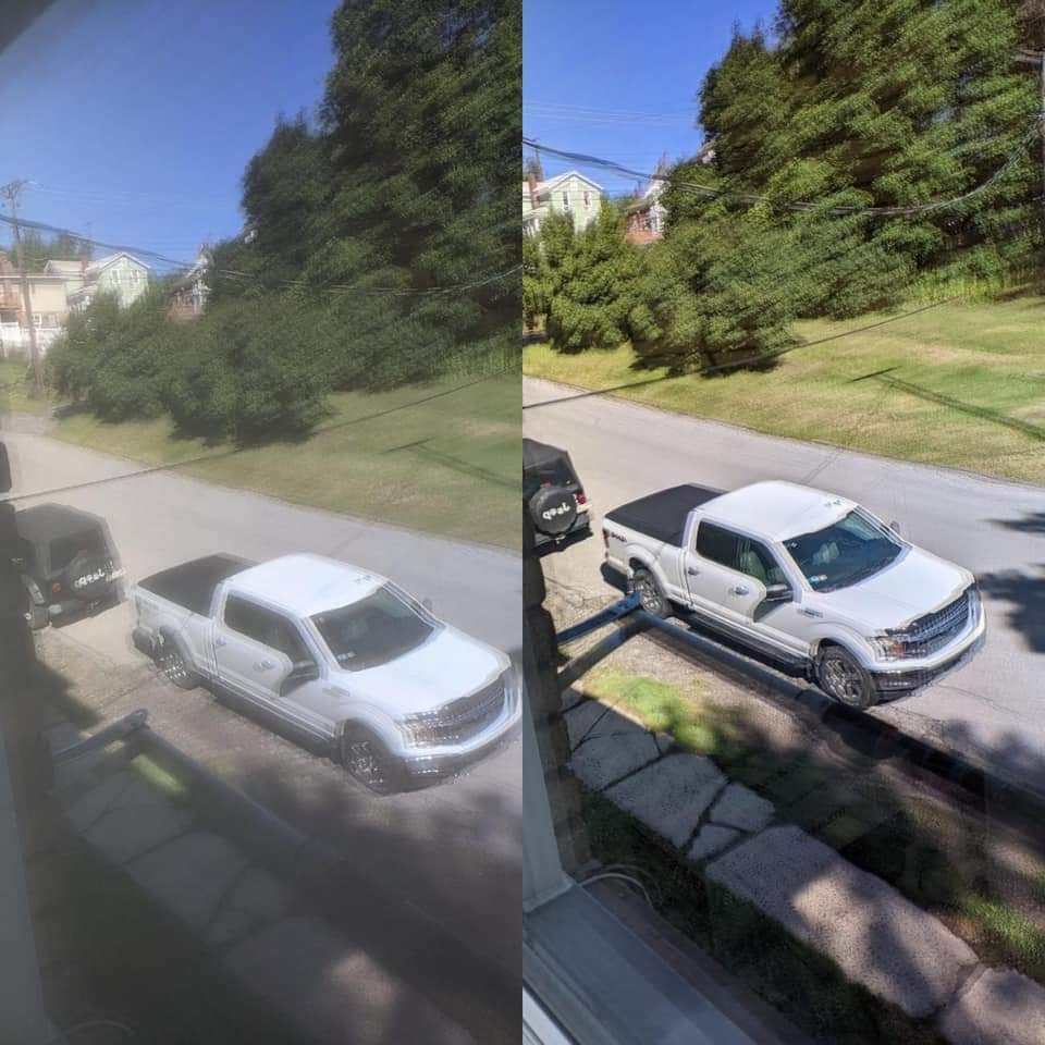 Before and after of window reflecting a truck on road. 