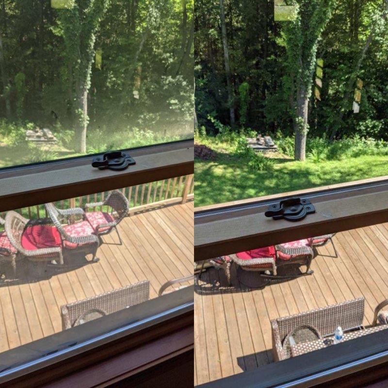 Before and after of window looking over patio. Left is dirty, right is clean